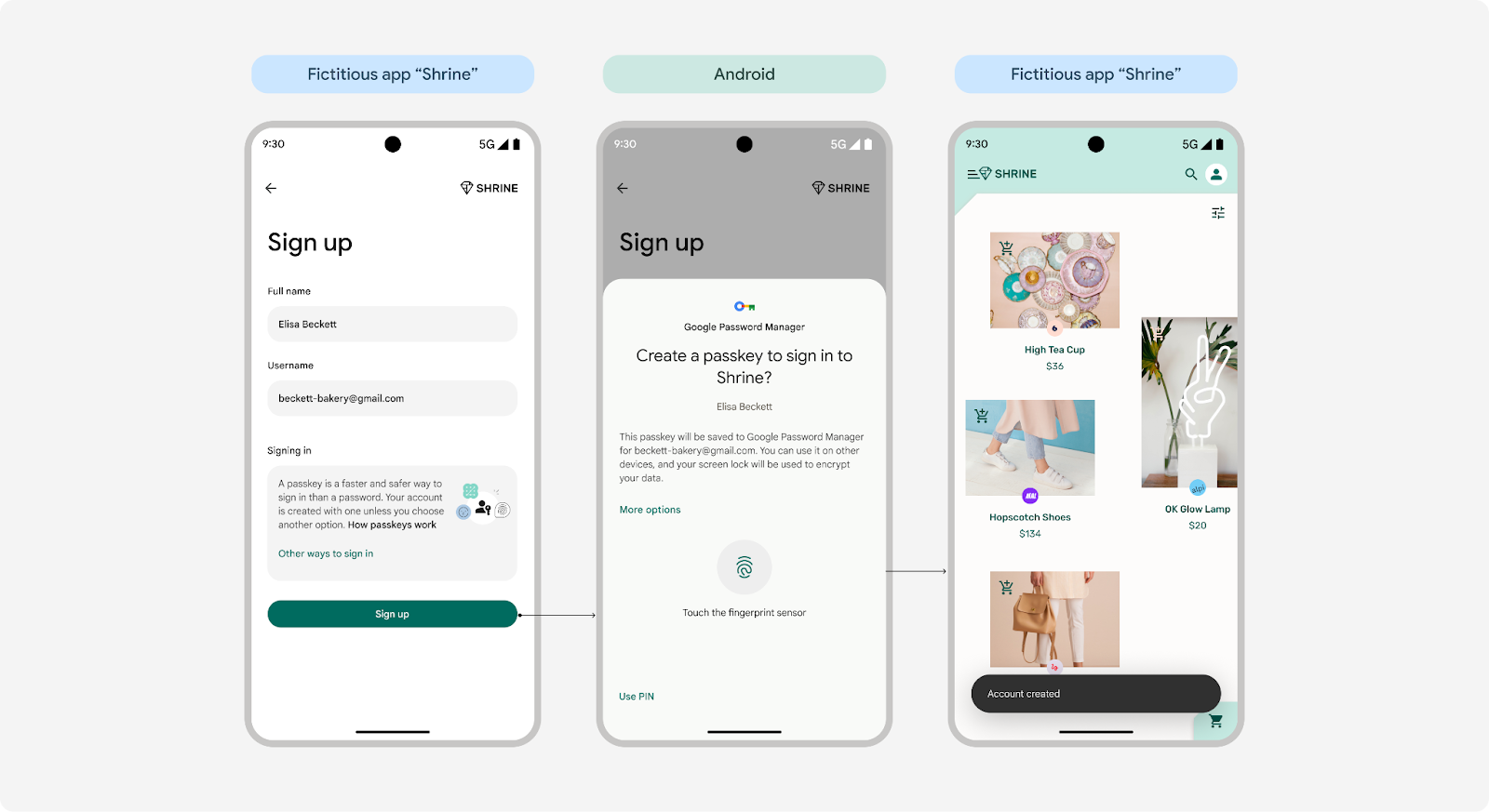 Android 15 でのシングルタップ パスキーの作成を示す 3 つのスクリーンショット。最初の画面に登録フォームが表示されます。2 つ目の画面では、1 回タップするだけでパスキーを作成できます。3 つ目の画面で、アカウントを確認します。 あります。