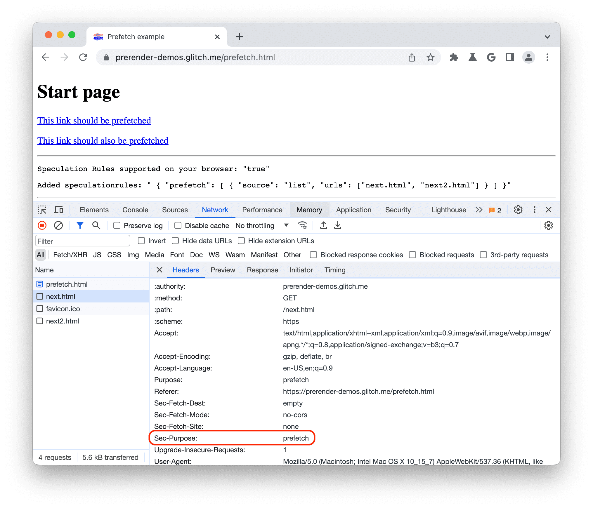 Sec-Purpose が prefetch に設定された Chrome DevTools のプリフェッチ ヘッダー
