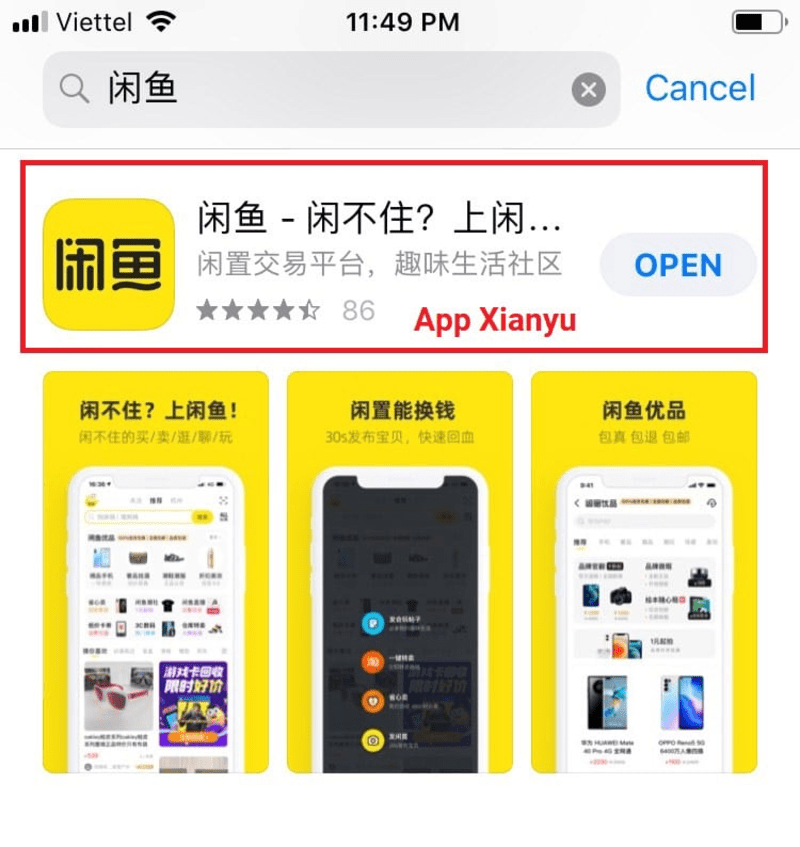 Tìm kiếm "Xianyu" (闲鱼)” trên App Store