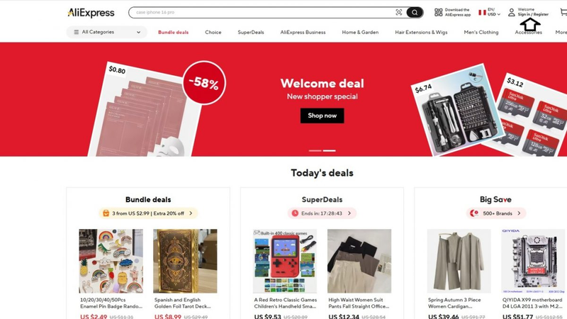 Giao diện của AliExpress trên PC