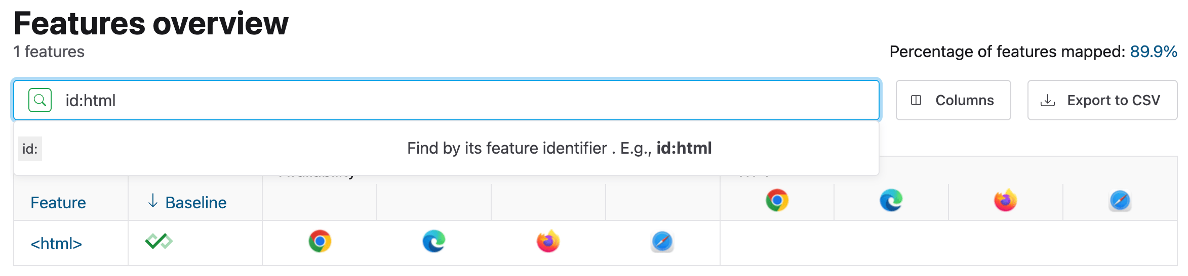 Web Platform 狀態資訊主頁，顯示如何使用 ID 參數，在搜尋方塊中依功能查詢支援。