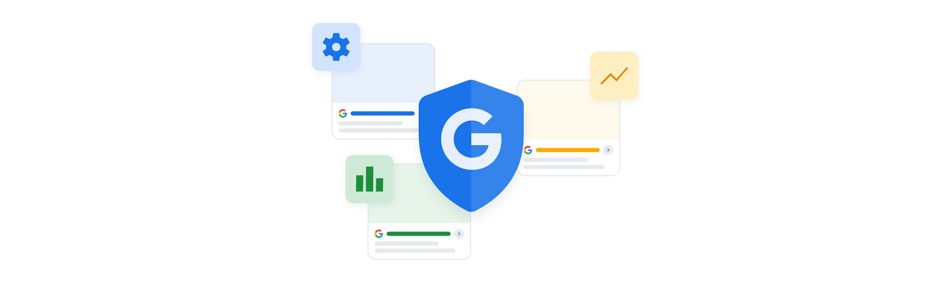 Bouclier Google avec trois navigateurs en arrière-plan qui indiquent le niveau d’optimisation, de mesure et de performances